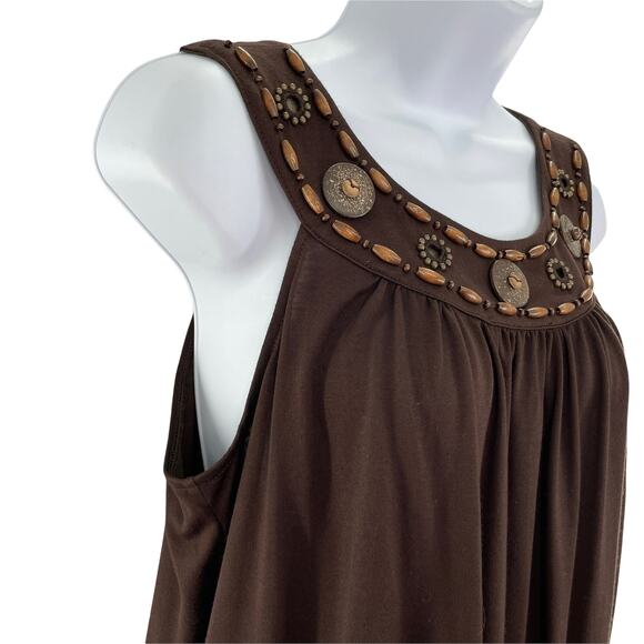 MICHAEL by MICHAEL KORS Brown Beaded Tank Top Shirred Scoop Neck Band Hem M - Picture 5 of 13
